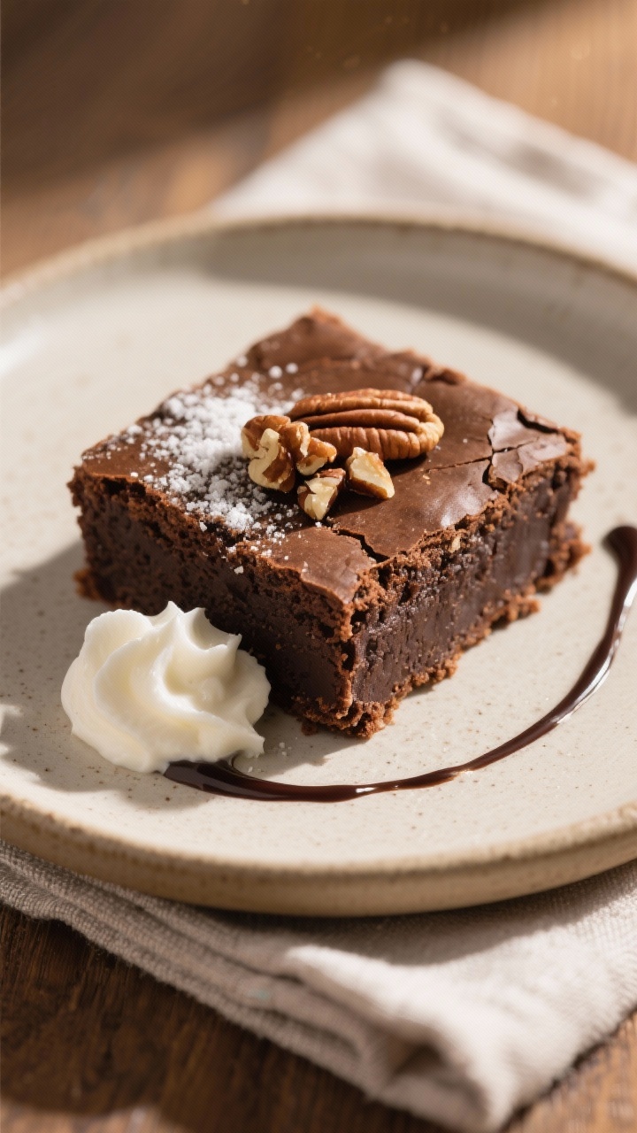 Final presentation shot: Restaurant-style plated keto coconut flour brownie served as a neat square 