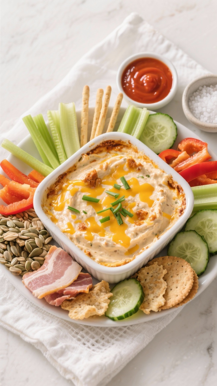 Final presentation: Tasty top view of the finished keto buffalo chicken dip spread in a small white 