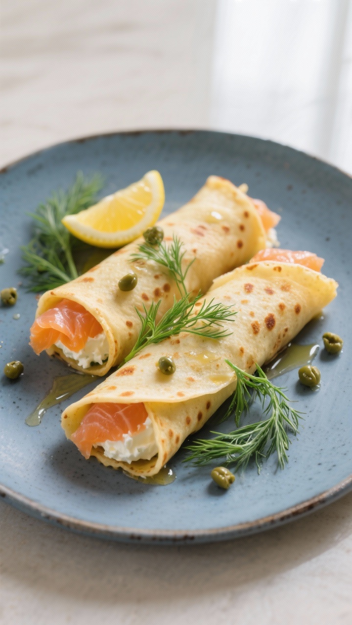 Final savory presentation: Beautifully plated savory keto crepe rolled and slightly open at the ends