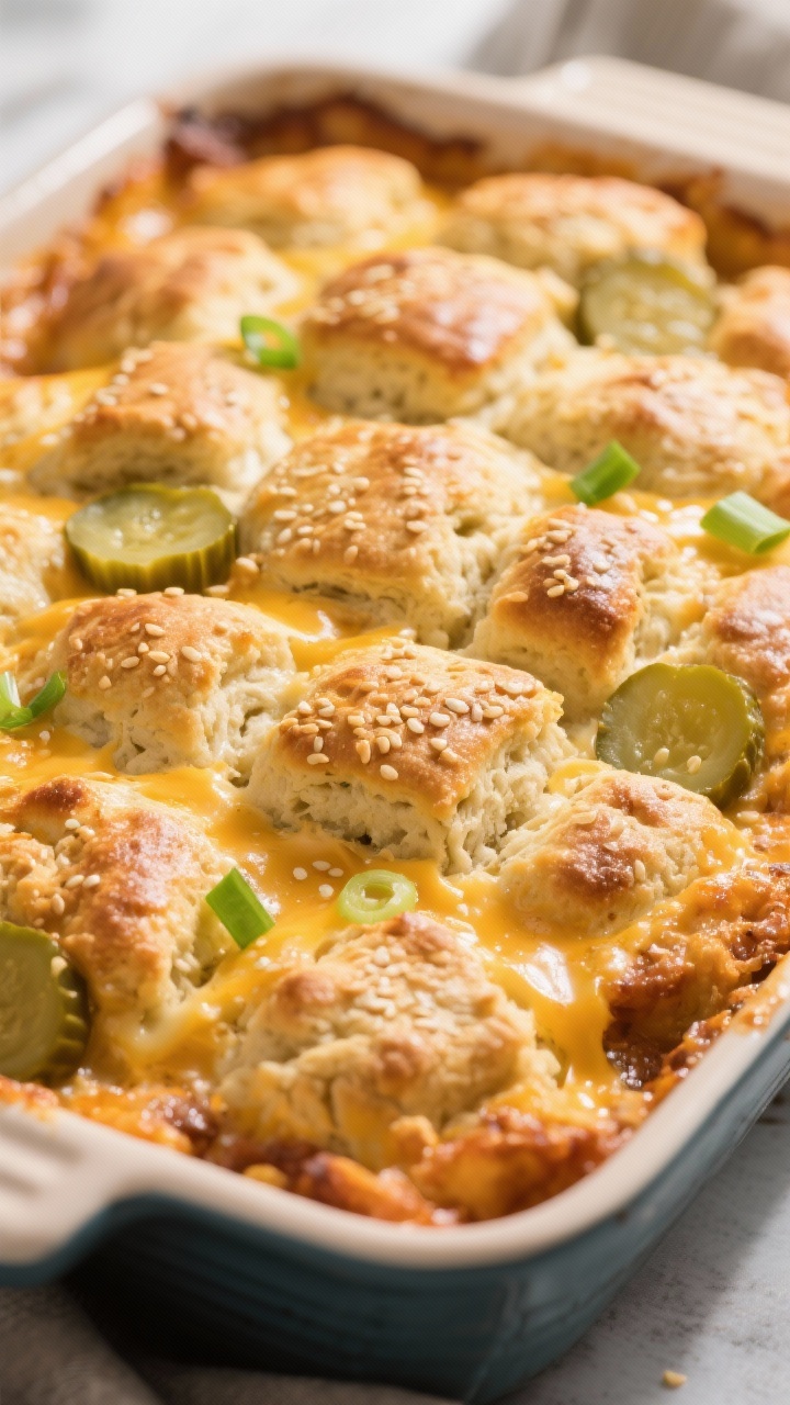 Golden “bun” topping detail: Close-up of the baked biscuit-style topping spread over the cassero
