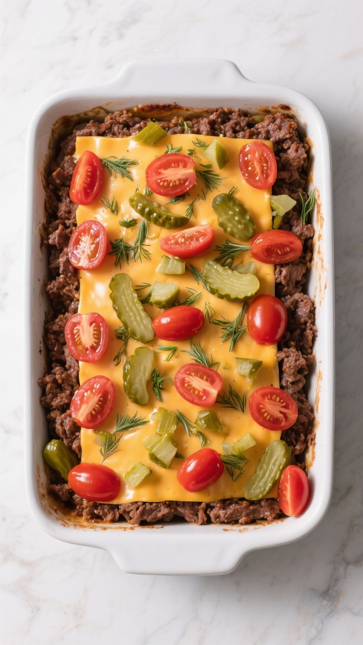 Layering moment overhead: Top-down shot of a 9x13 baking dish filled with the seasoned beef mixture,