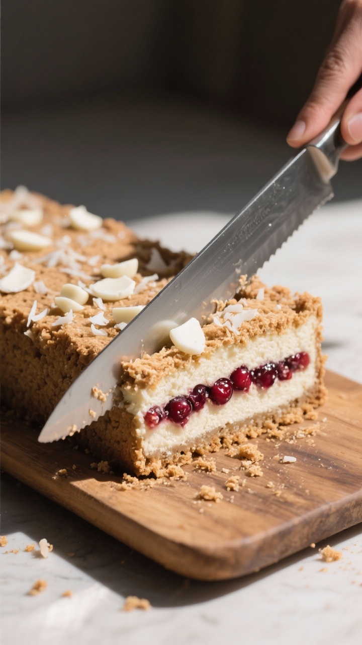 Macro slice-in-action shot: a sharp knife midway through a chilled slab on a wooden board, clean sli