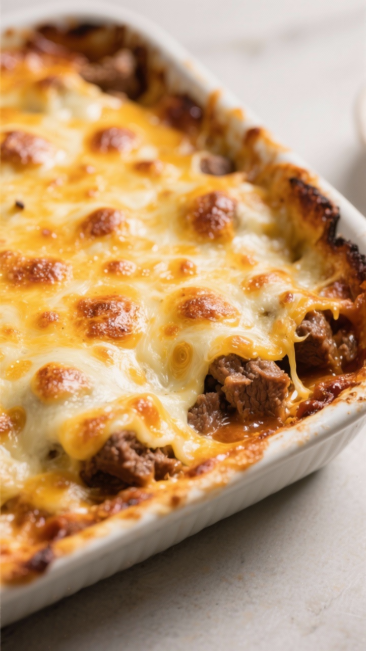 Melty cheese finish — just out of the oven: Three-quarter angle close-up of the baked casserole wi