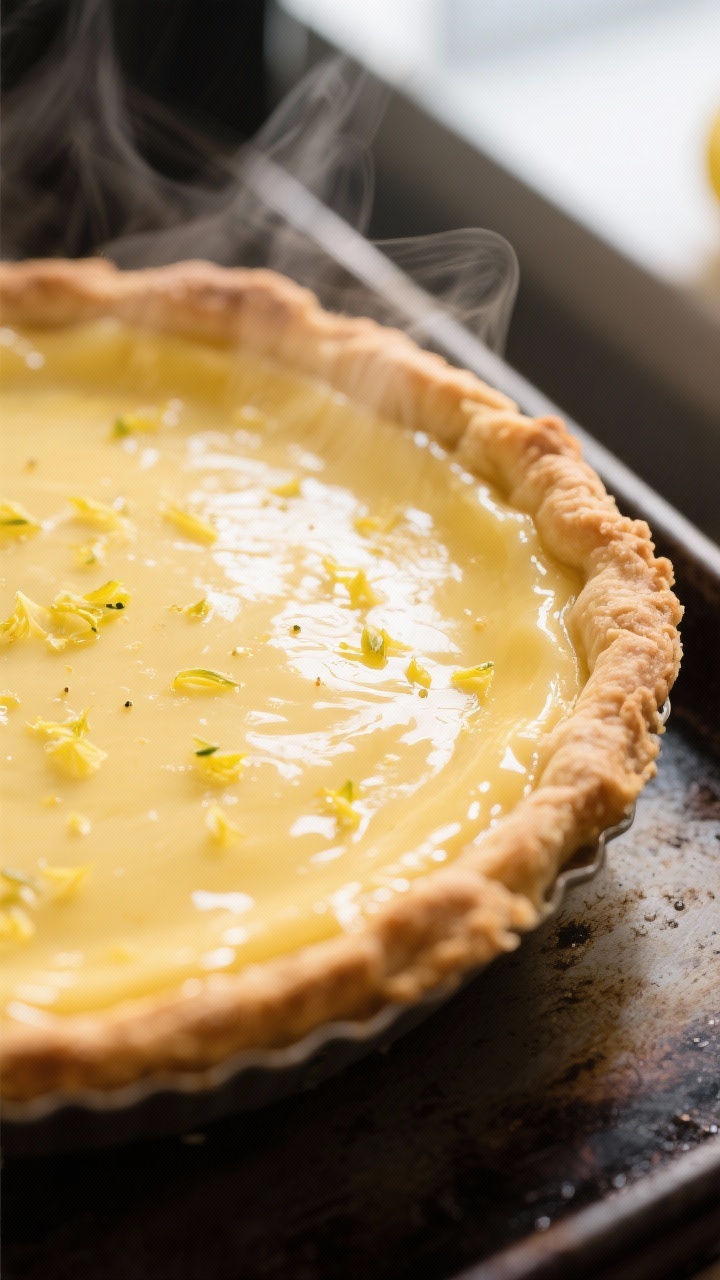 Oven doneness detail: Macro shot of the baked Lemon Ricotta Pie just out of the oven showing set, gl