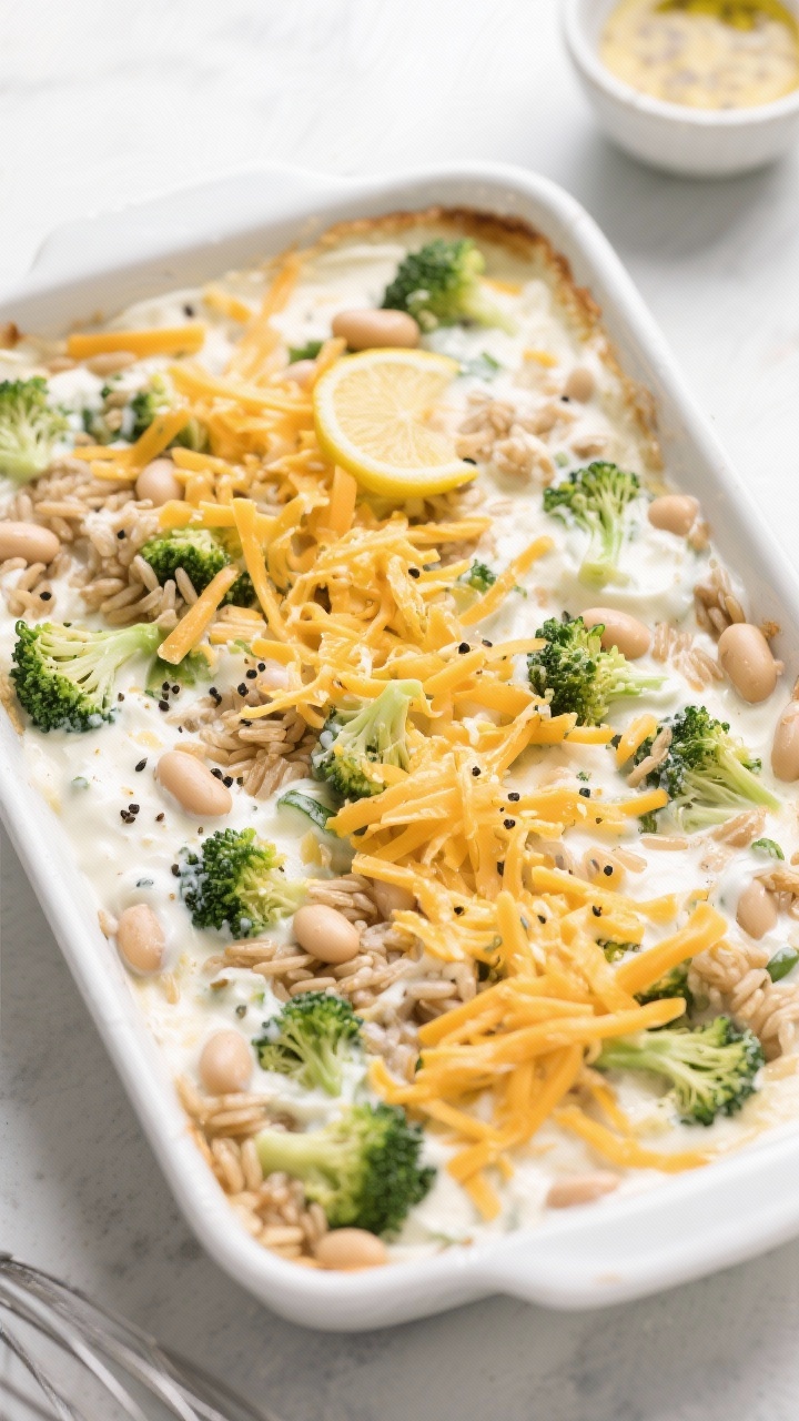 Overhead assembly shot: of the creamy base mixed with chopped cooked broccoli, white beans, and brow