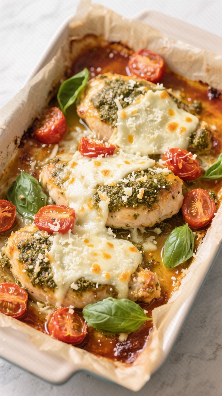 Overhead baking dish shot: of the Baked Pesto Chicken just out of the oven in a 9x13 dish—mozzarel