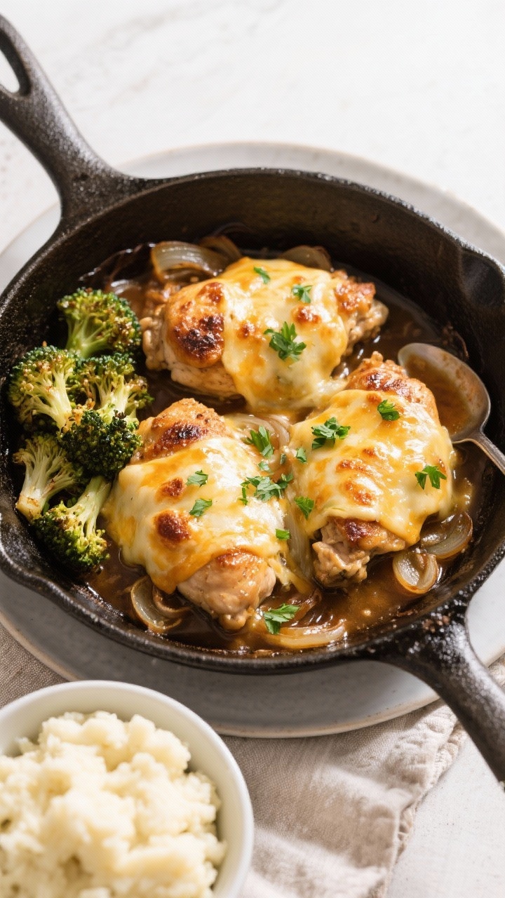 Overhead final presentation of Keto French Onion Soup Chicken in the skillet, cheese melted and brow