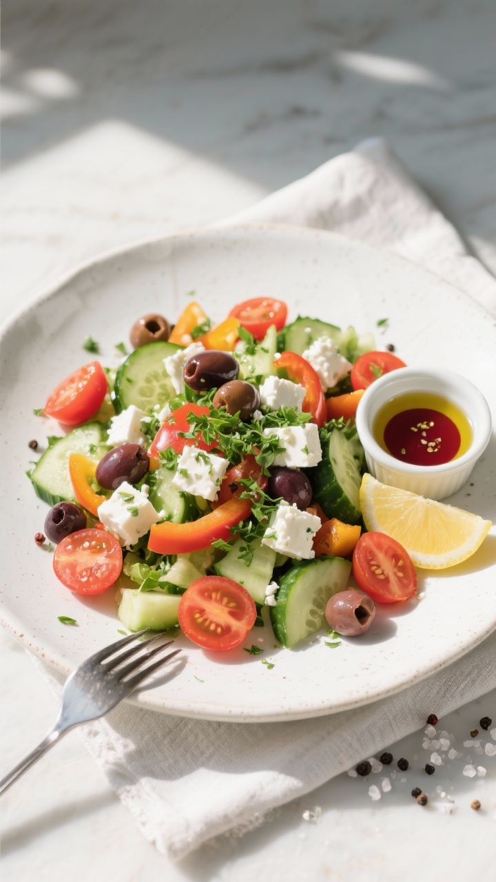 Overhead final presentation: Restaurant-quality plated Keto Greek Salad on a wide, white stoneware p