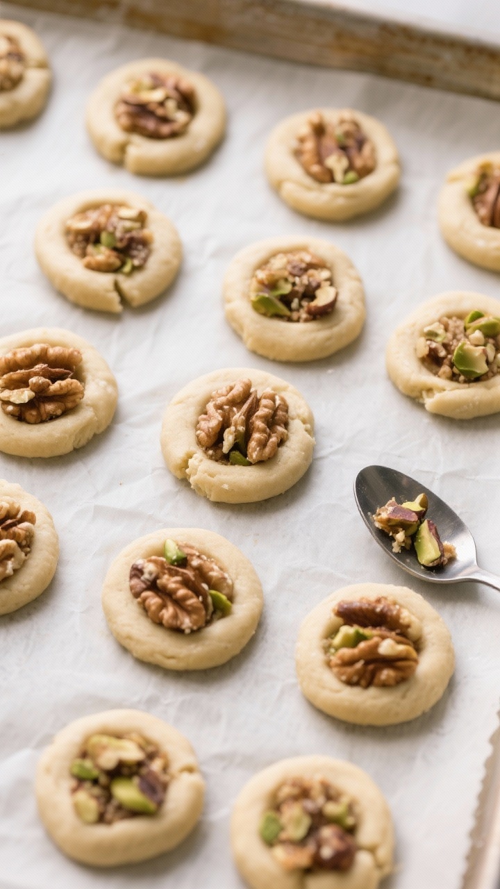 Overhead process shot: neatly arranged discs of rolled cookie dough on parchment with thumbprint ind