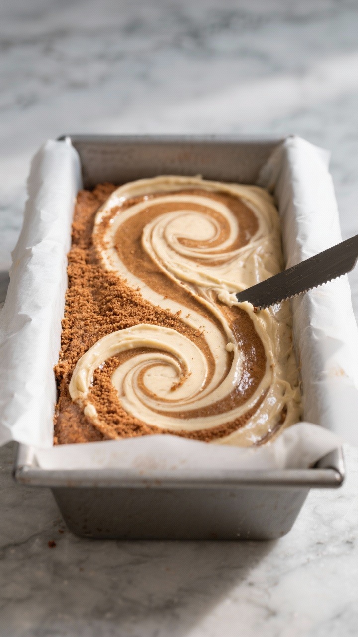 Overhead process shot of the loaf pan just before baking: half the batter spread, the cinnamon-sweet