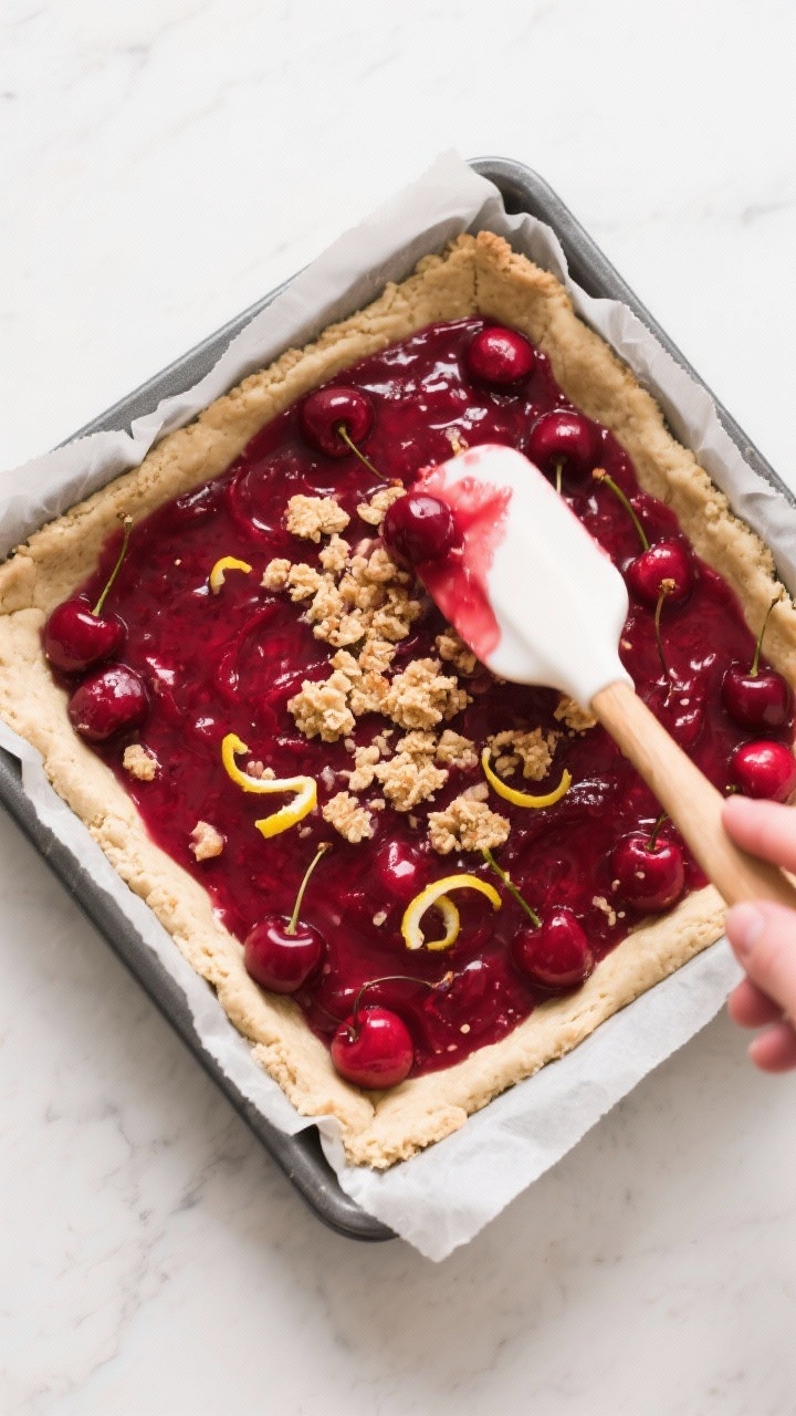 Overhead process shot: The par-baked crust in an 8x8-inch parchment-lined pan being layered—cooled