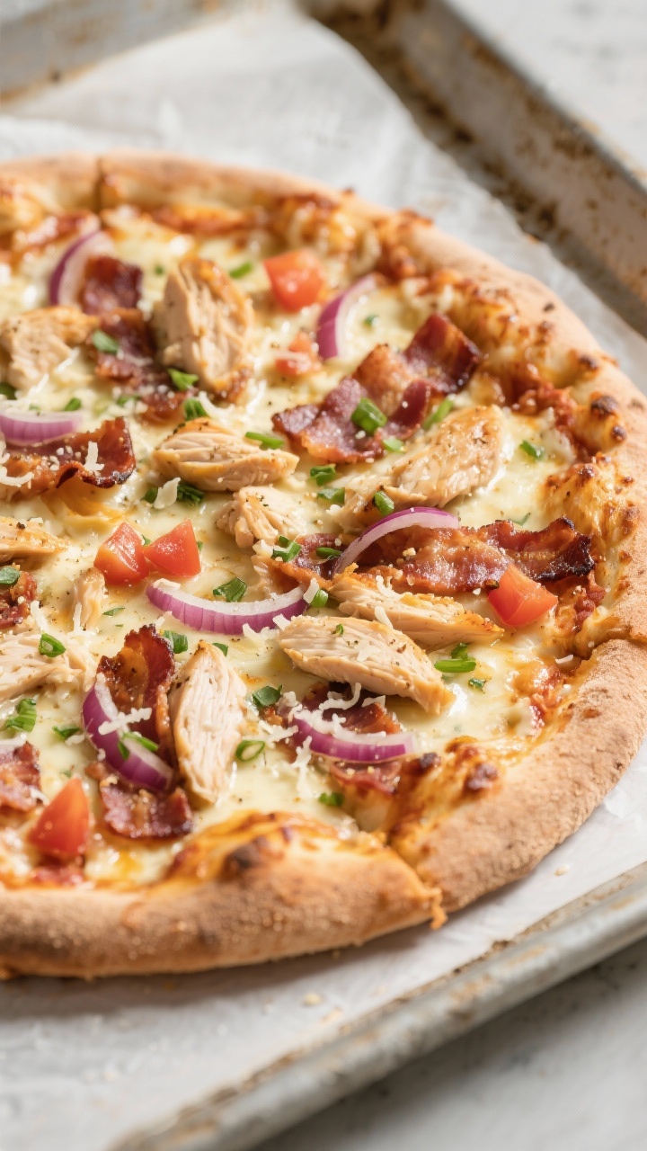 Overhead shot of a just-baked Chicken Bacon Ranch Pizza on a preheated pizza stone, cheese melted an