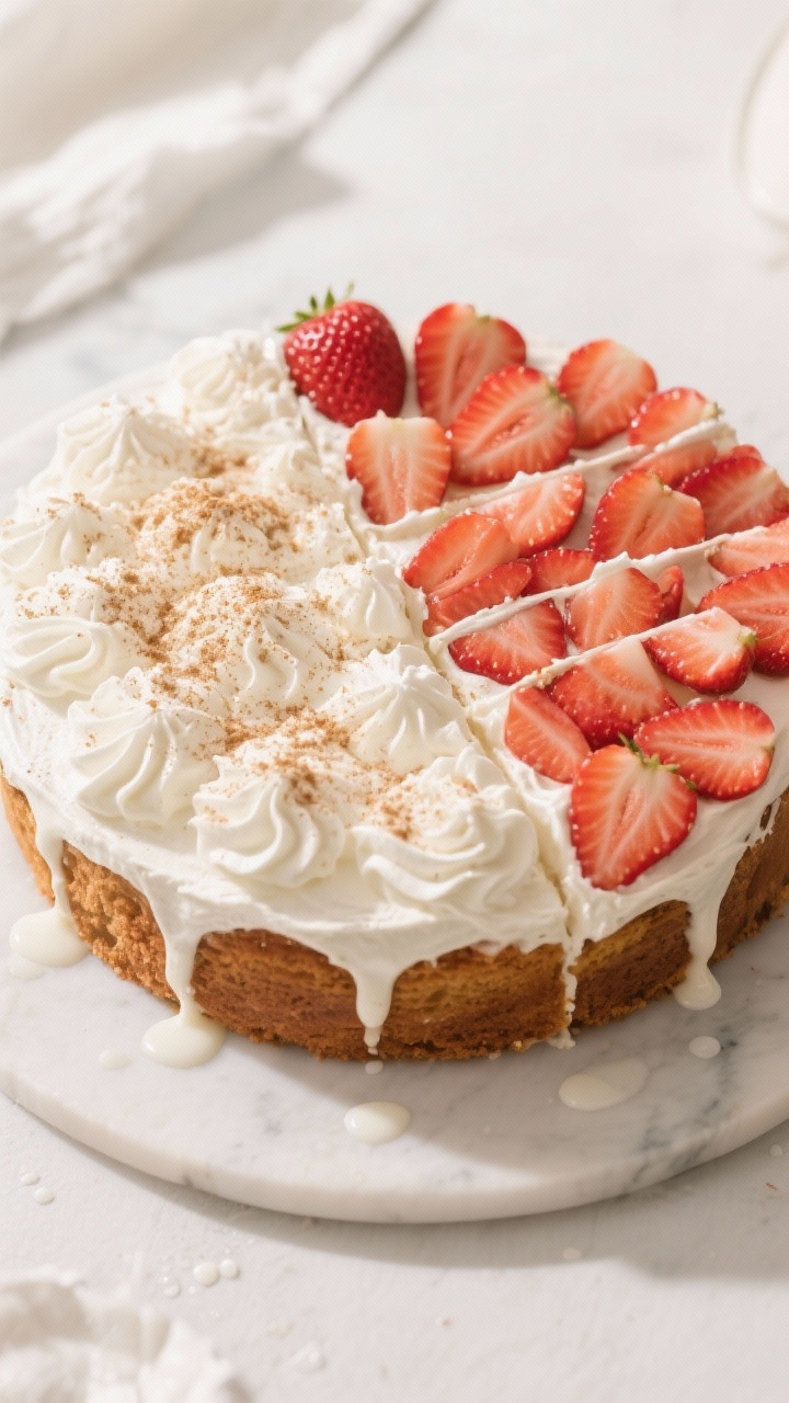 Overhead shot — of the fully soaked and chilled cake spread with billowy whipped cream (medium-fir