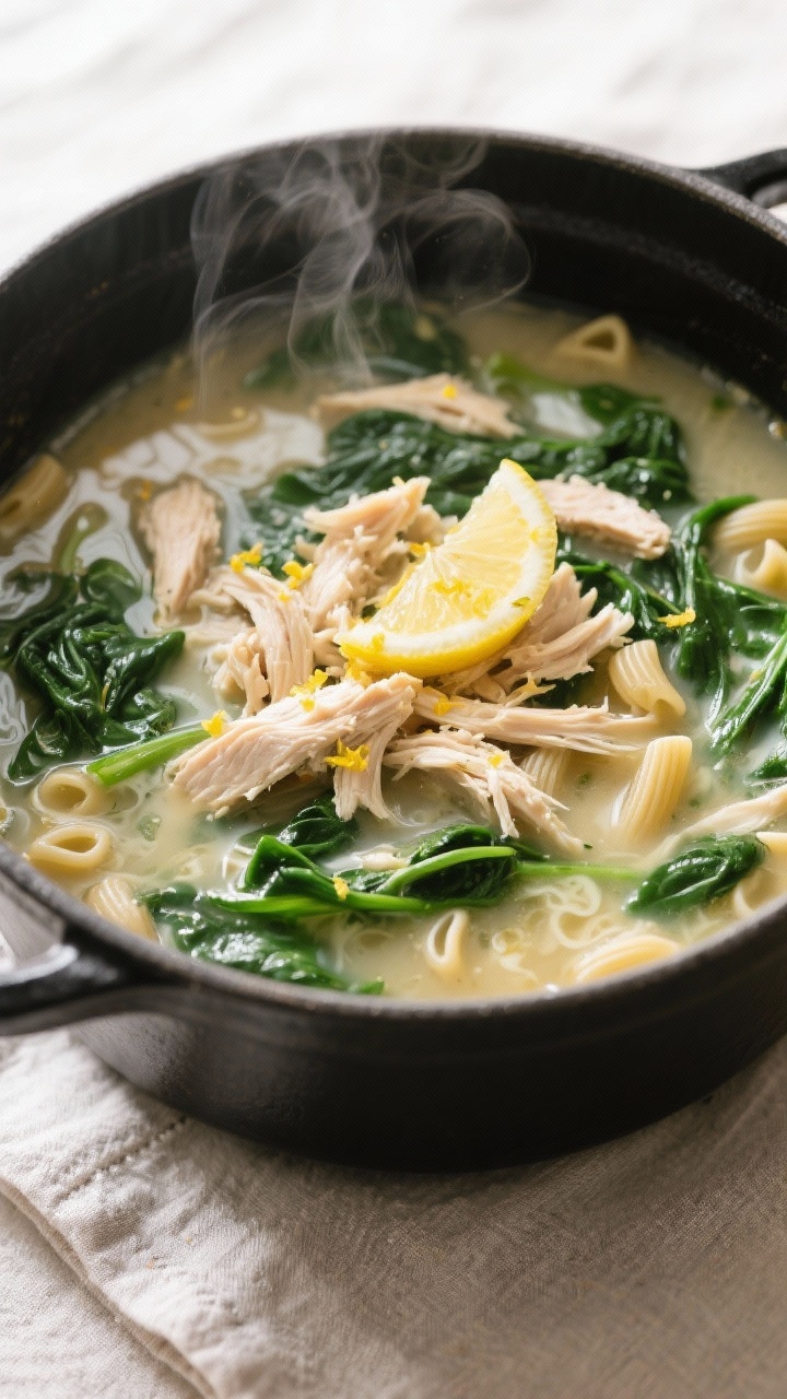 Overhead simmer scene: Chicken Florentine Soup mid-cook with shredded chicken and ditalini visible i