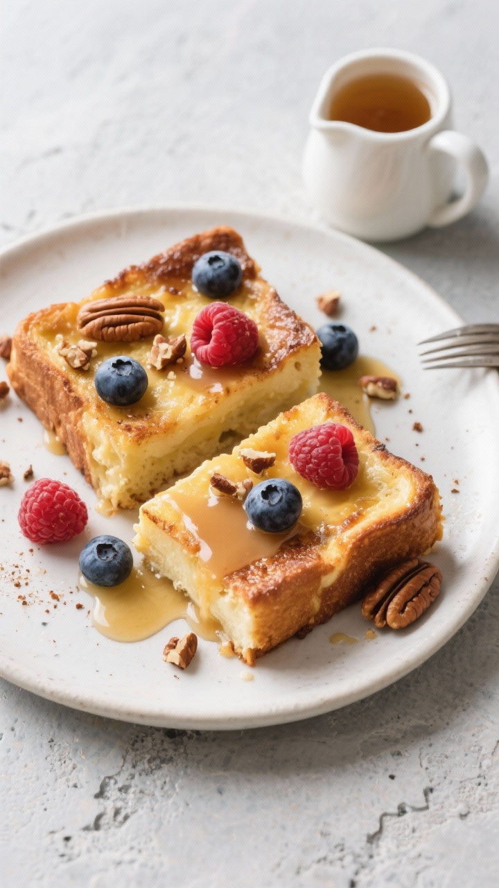 Overhead “tasty top” shot: Sliced squares of Keto French Toast Casserole plated for serving, eac