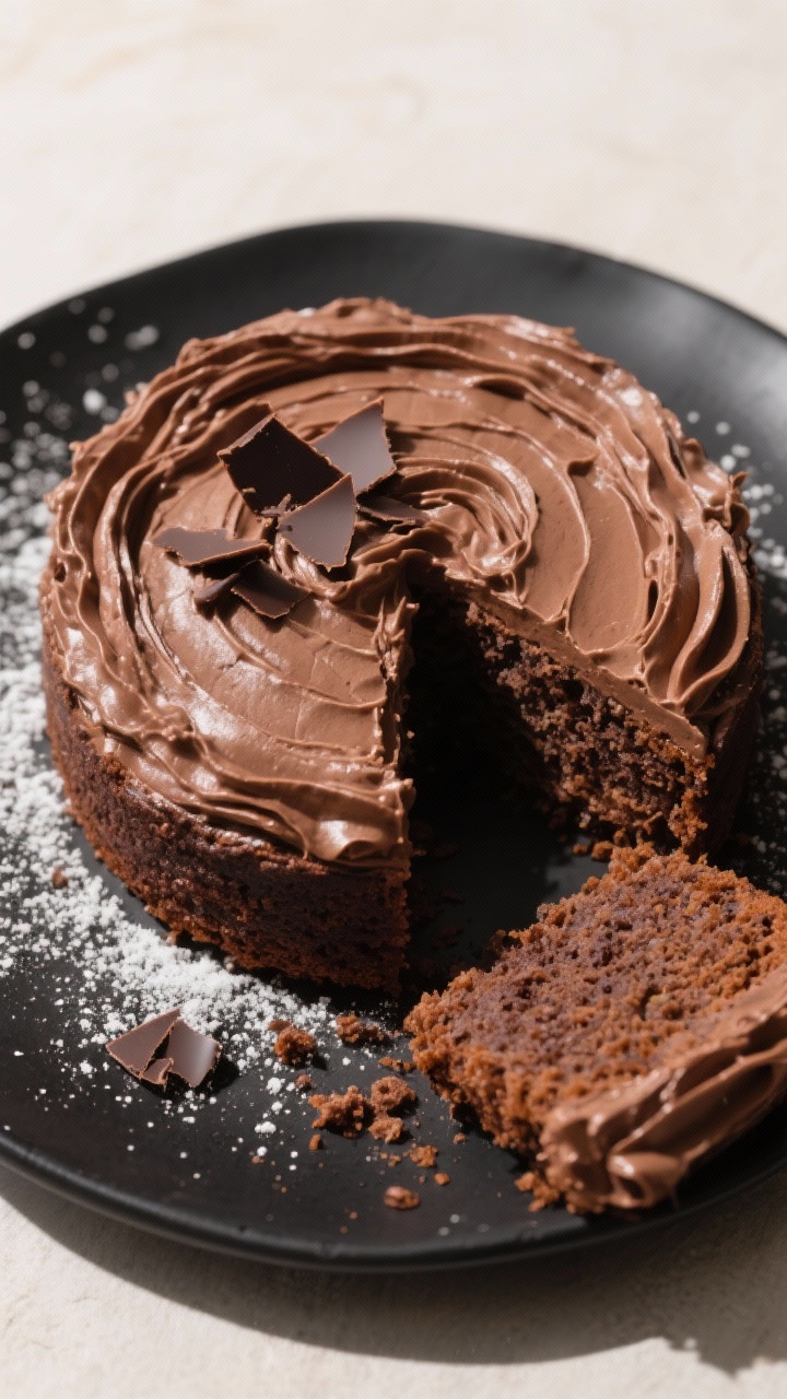 Overhead “tasty top view”: A fully cooled single-layer keto chocolate cake lavishly frosted with