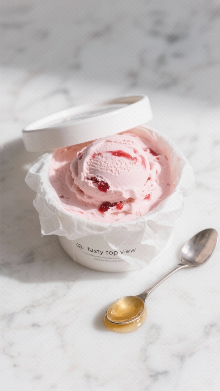 Overhead “tasty top view”: a lidded container just filled with the churned ice cream, parchment