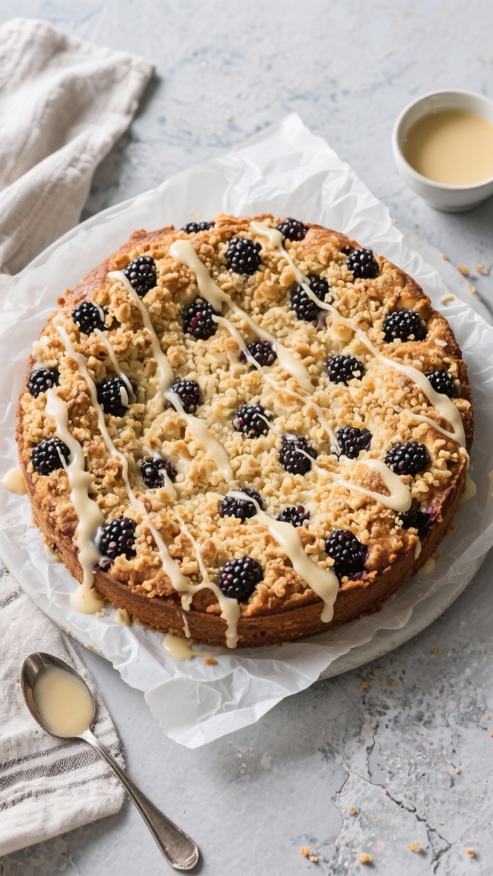 Overhead “tasty top view”: An uncut 9-inch round blackberry coffee cake on parchment with chille