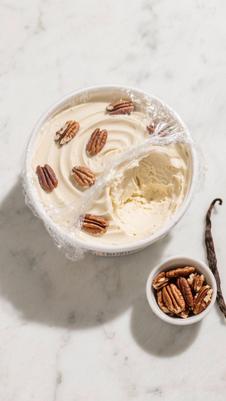 Overhead tasty top view: Freezer container of set keto butter pecan ice cream with plastic wrap just