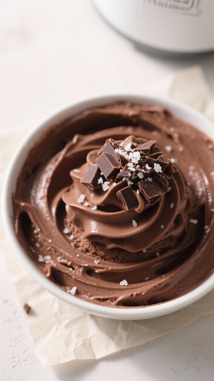 Overhead “tasty top view”: Freshly churned keto chocolate ice cream at soft-serve consistency sw