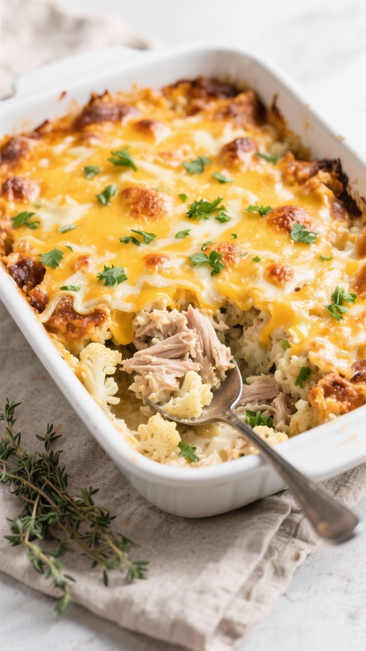 Overhead “tasty top view”: Keto Turkey Casserole fresh from the oven in a 9x13 white ceramic bak