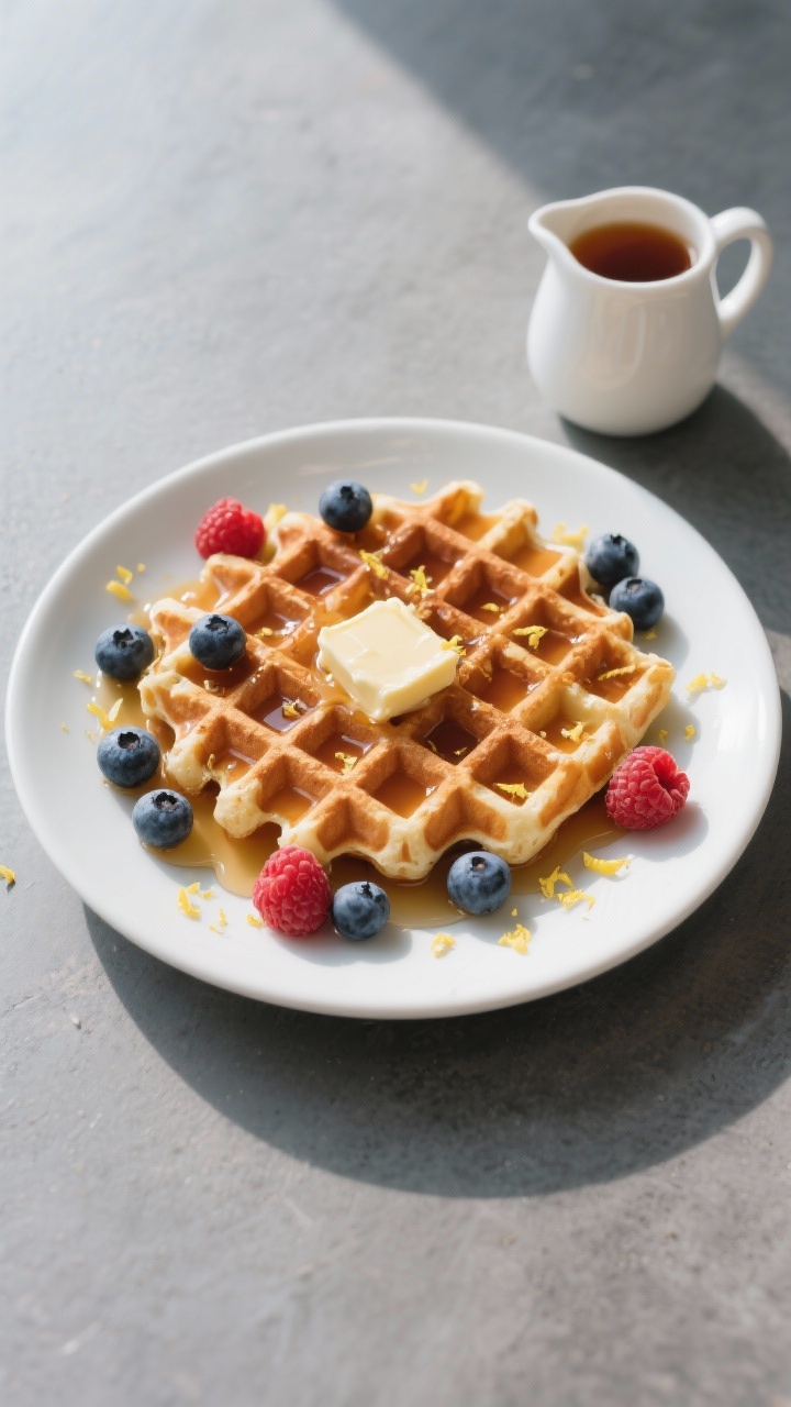 Overhead “tasty top view” of a Belgian-style low carb waffle plated with pat of butter melting i