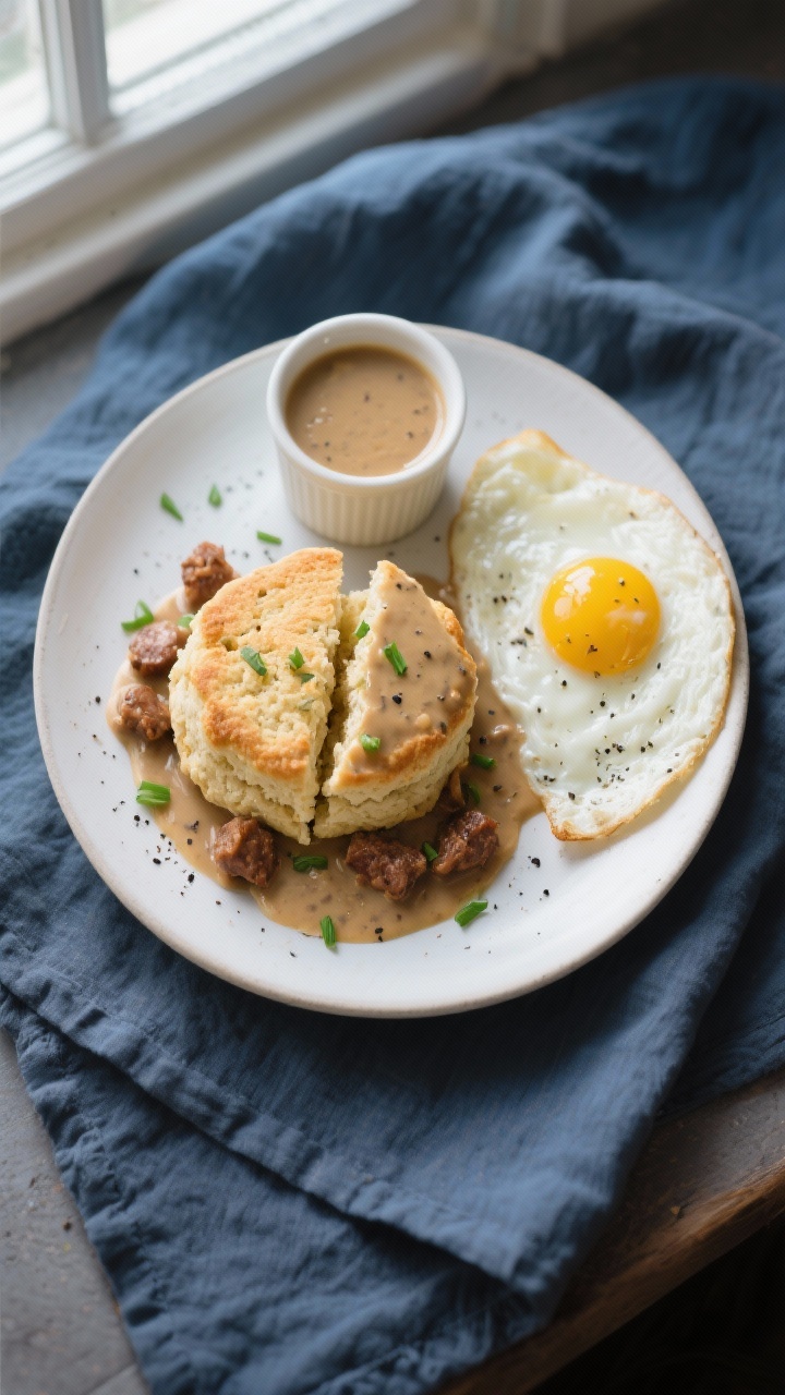 Overhead “tasty top view” of a breakfast plate: split keto biscuit topped with sausage gravy and