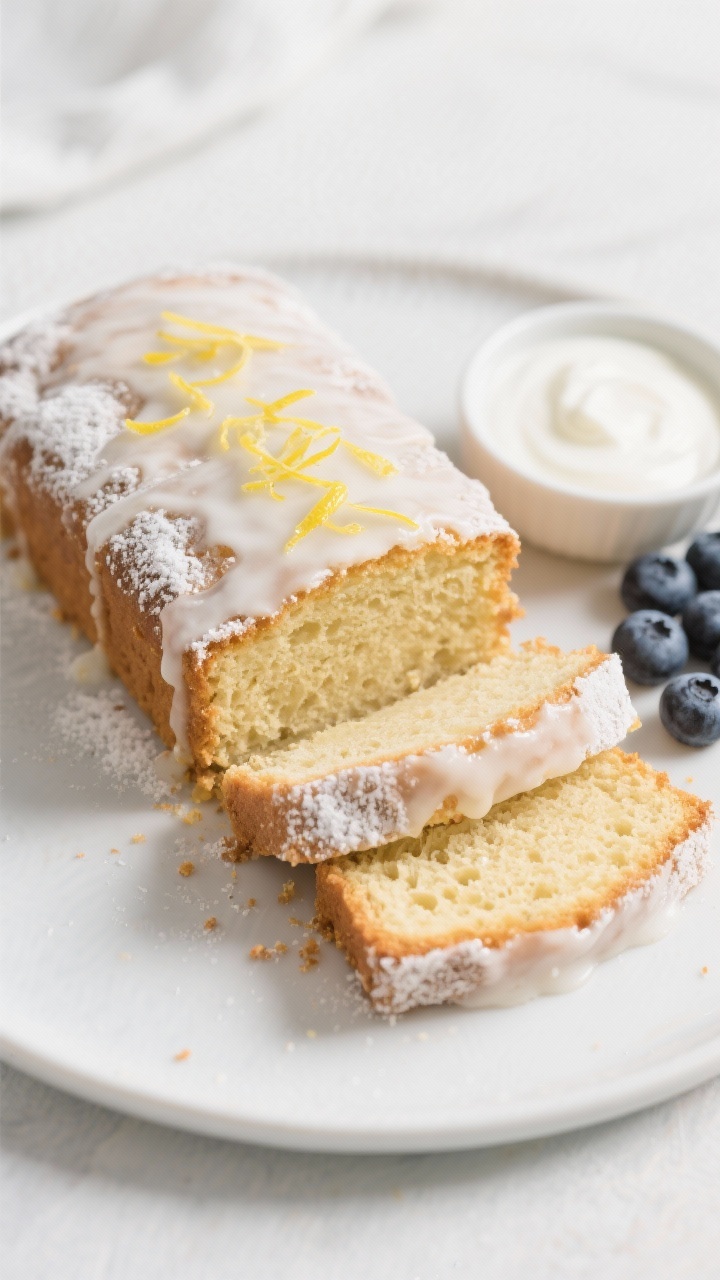 Overhead “tasty top view” of a cooled lemon drizzle cake sliced into even pieces, the crumb show
