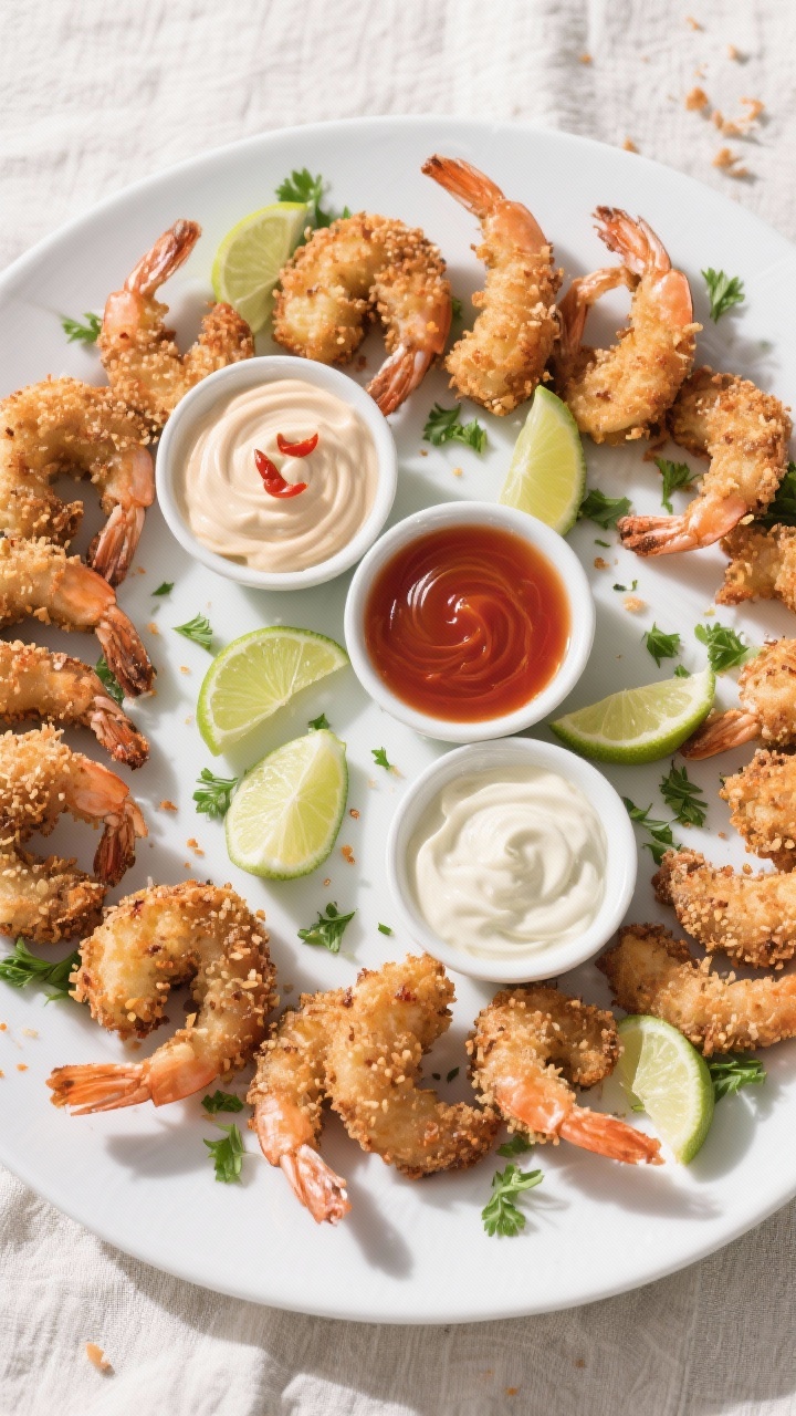 Overhead “tasty top view” of a party platter: keto coconut shrimp arranged in a circular pattern