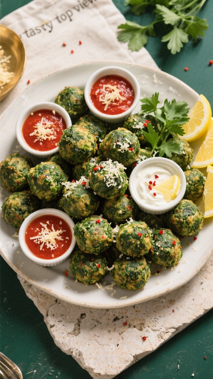 Overhead “tasty top view” of a serving platter piled with 1-inch spinach balls, arranged neatly