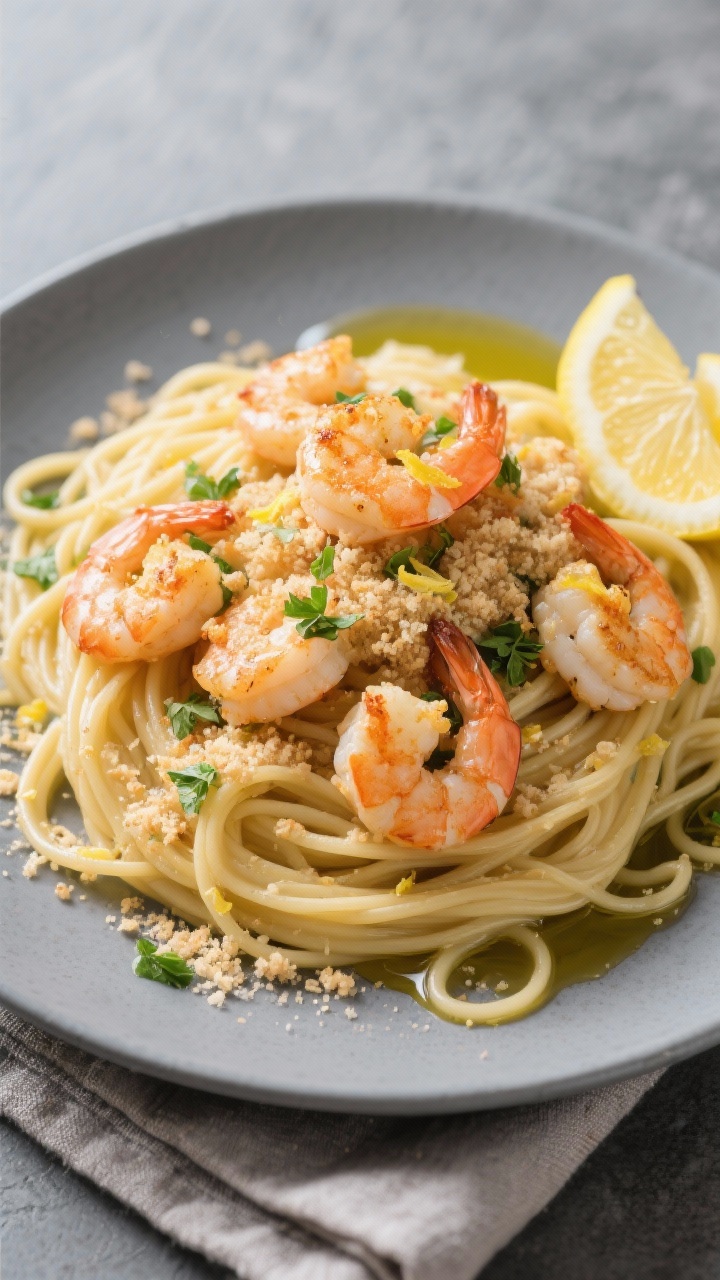 Overhead tasty top view of the final dish served over linguine: a generous layer of baked shrimp sca