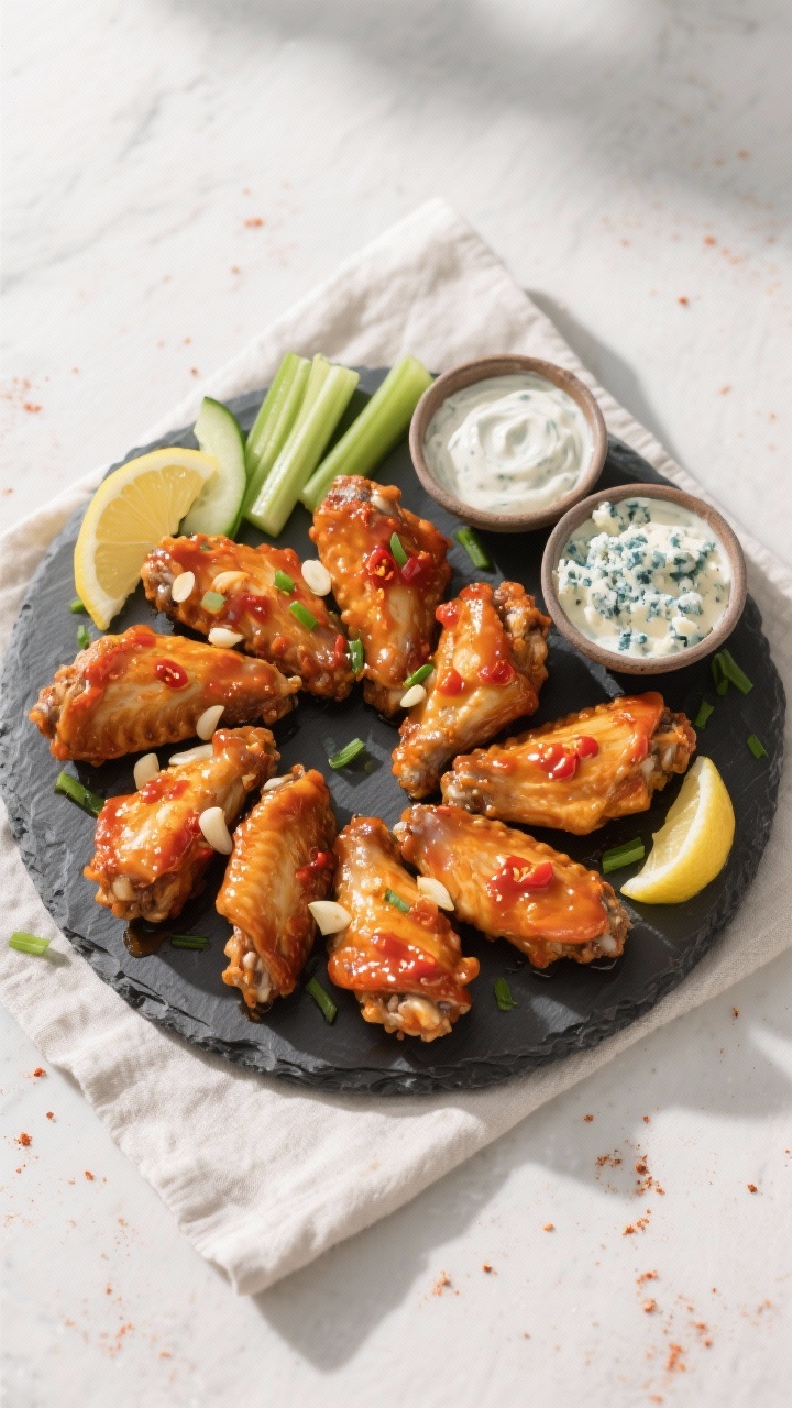 Overhead “tasty top view” shot: Final plated Keto Chicken Wings arranged in a tight spiral on a 