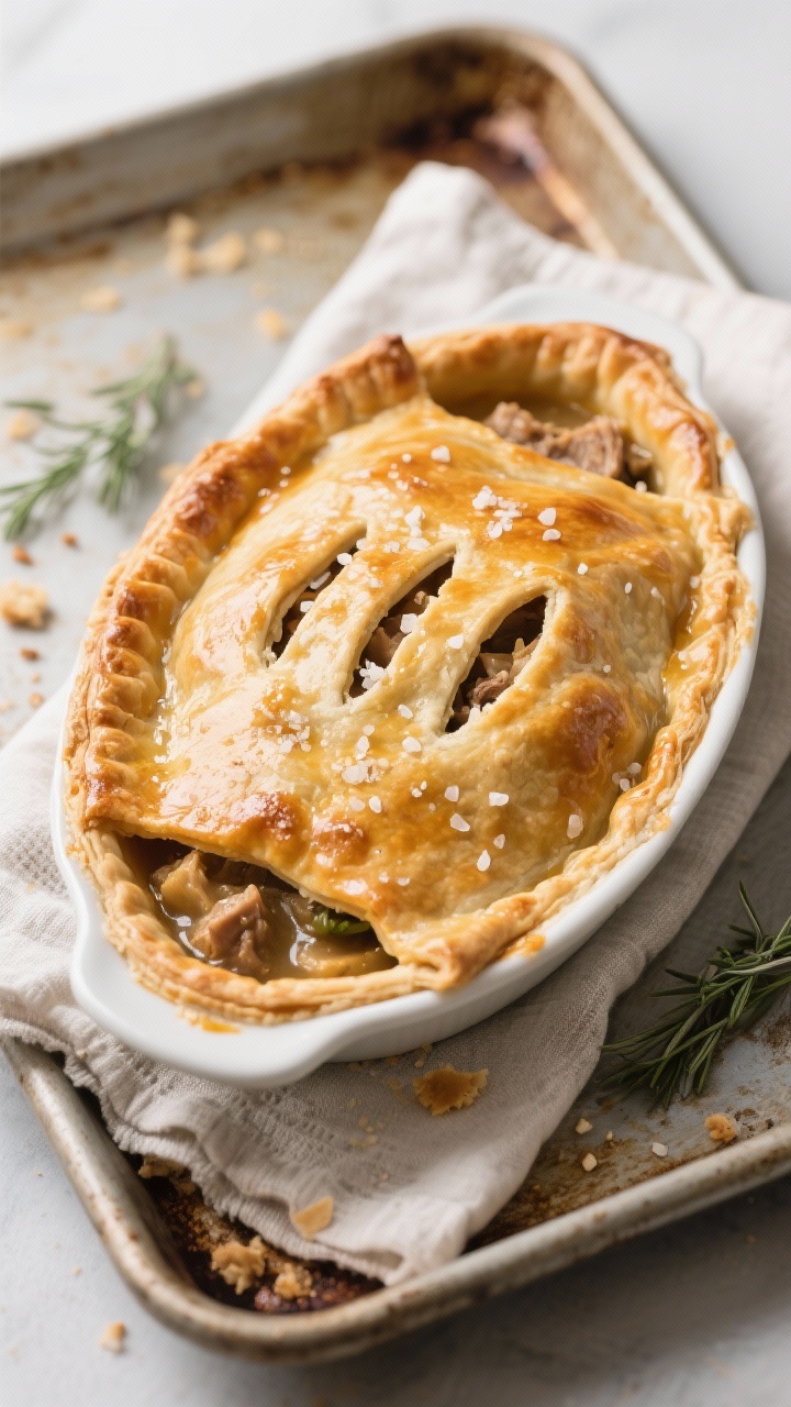 Overhead tasty top view: Single-crust turkey pot pie just out of the oven on a preheated baking shee