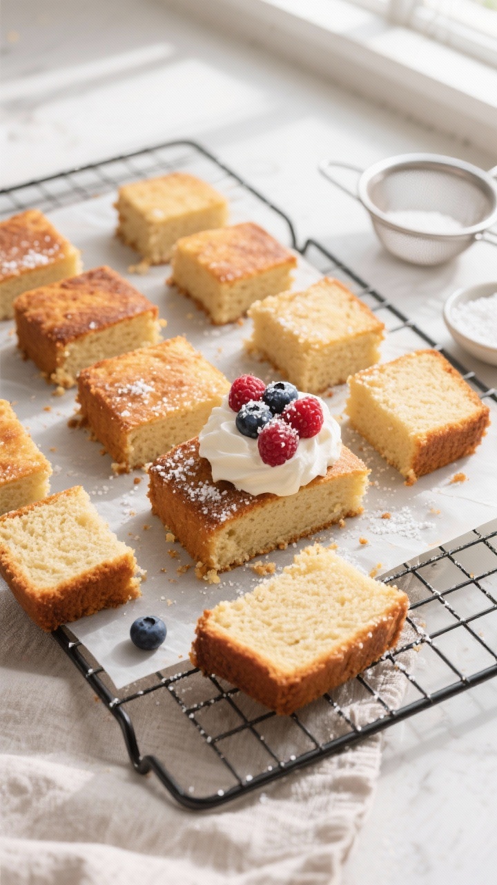 Overhead tasty top view: Sliced Keto Butter Cake arranged in a neat grid on a cooling rack lined wit