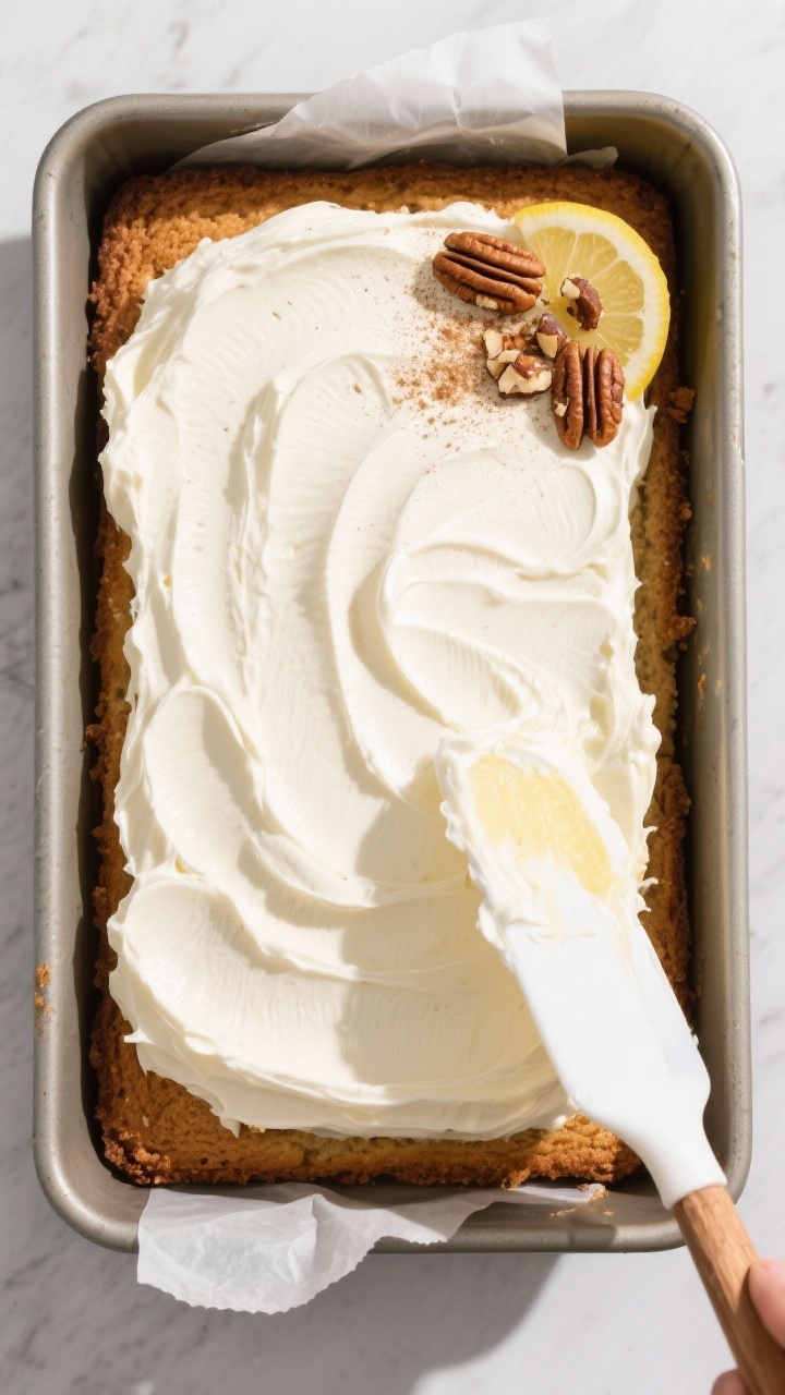 Overhead “tasty top view”: The cooled cake in an 8x8 pan being generously frosted with a swooped