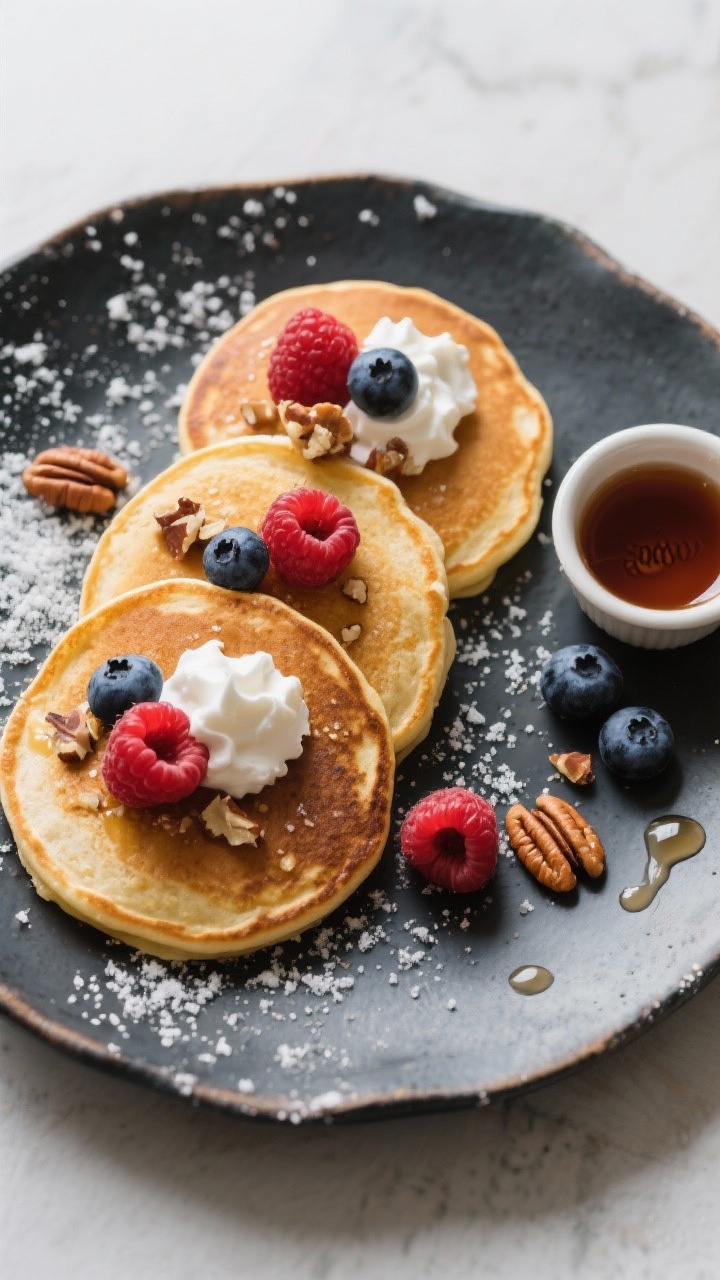 Overhead tasty top view: Three small keto pancakes arranged in a neat triangle on a charcoal ceramic