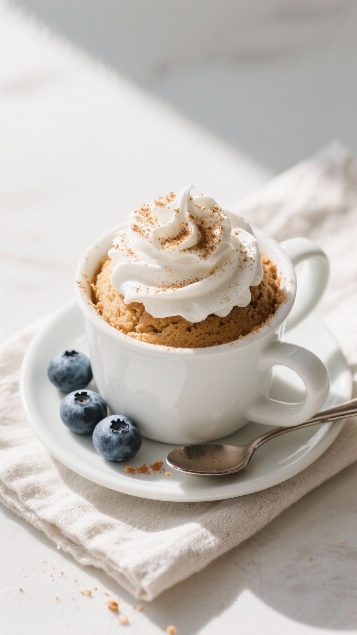 Overhead top-down shot of the finished keto vanilla mug cake topped with a generous dollop of whippe