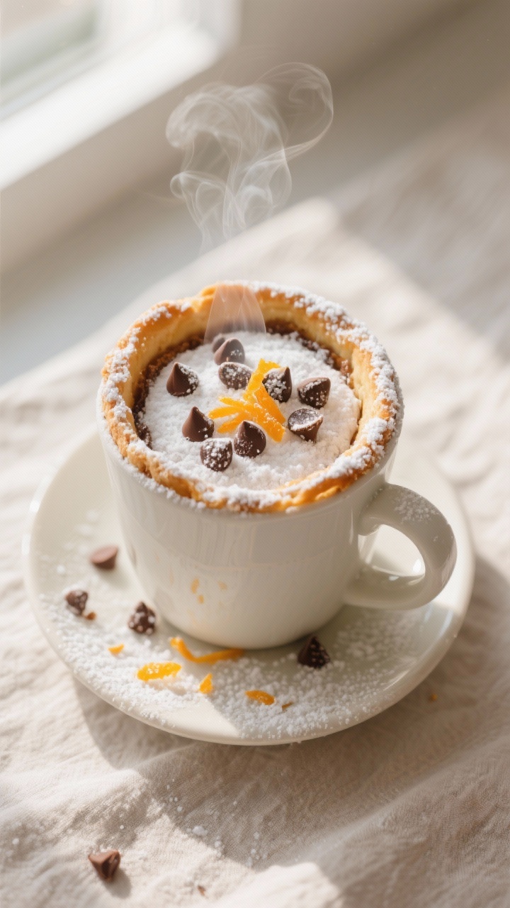 Overhead top view – Freshly microwaved cannoli mug cake with set edges and a just-barely glossy ce