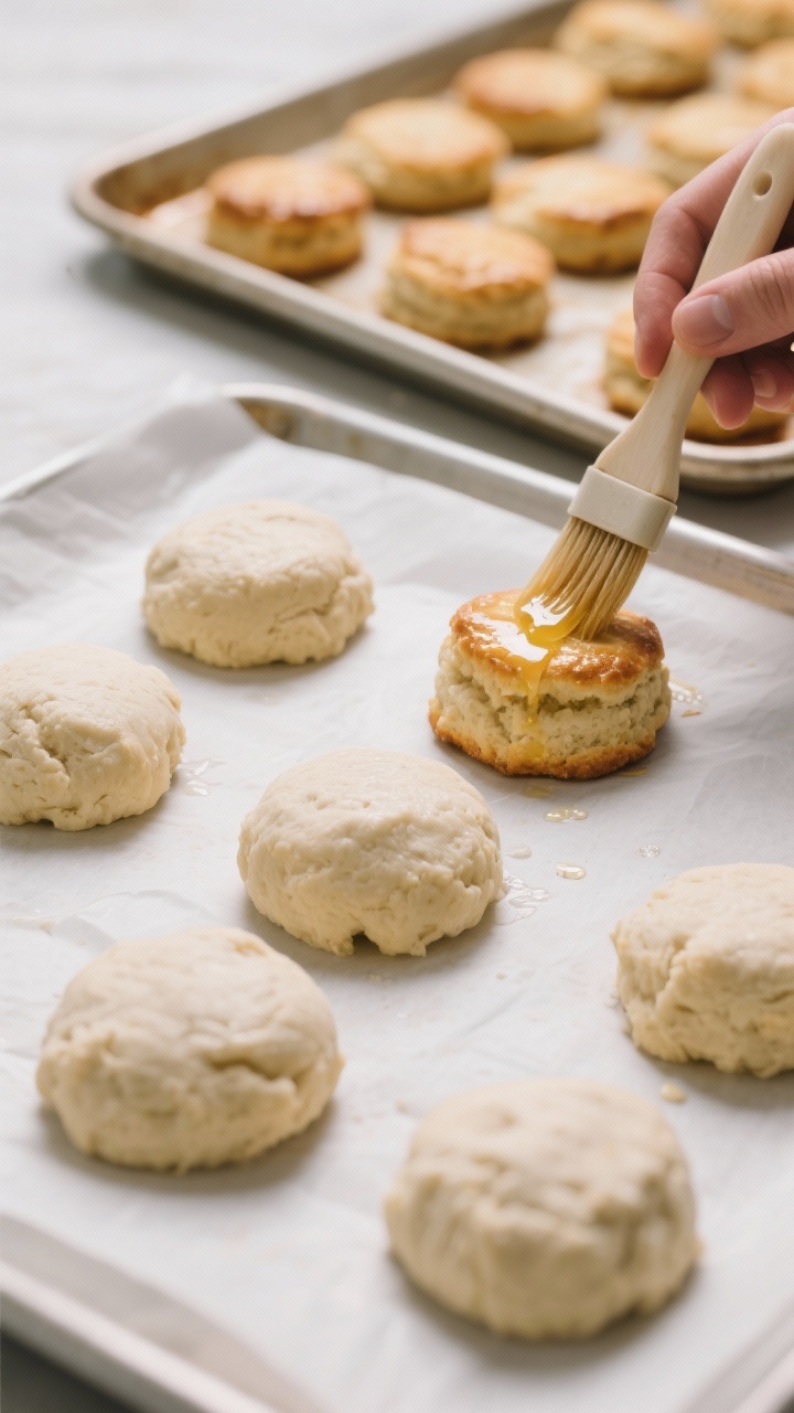 Process action shot of portioned drop biscuits before baking and after brushing: eight rounded mound
