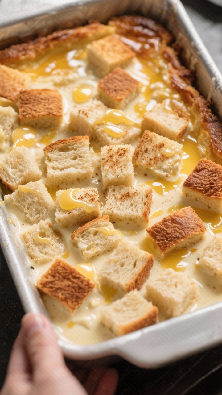 Process action shot: The soaked casserole just before baking—cubed low-carb bread fully saturated 