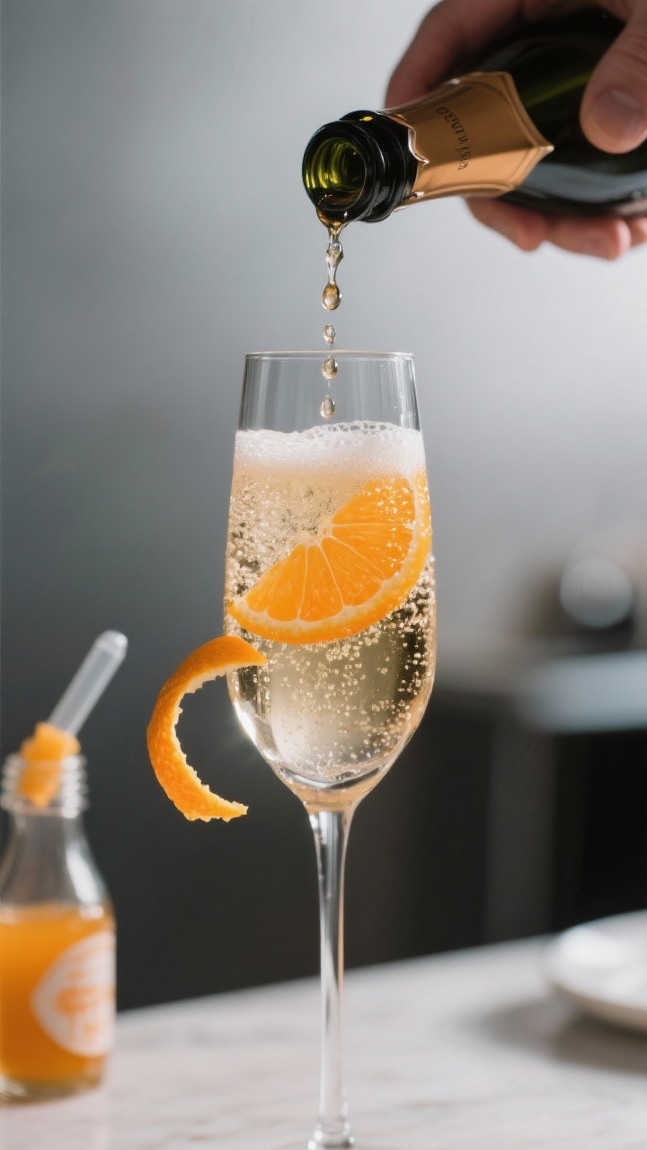 Process action: The citrus base being added to the poured sparkling wine—an amber-tinted droplet s