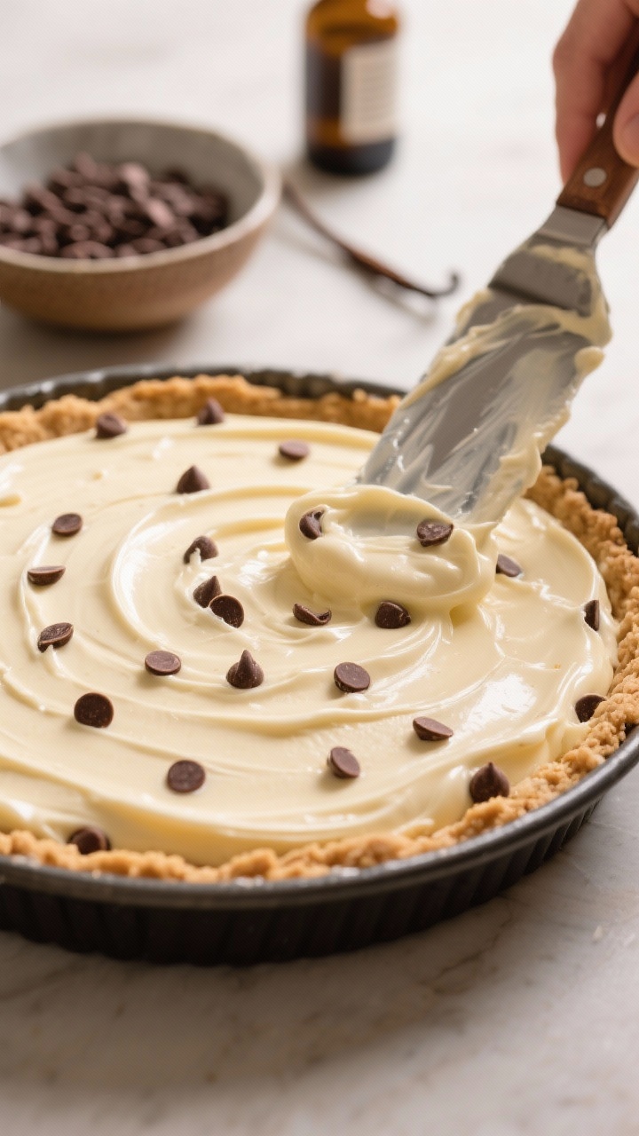 Process-focused, three-quarter angle shot of assembly: glossy cheesecake batter being smoothed over 