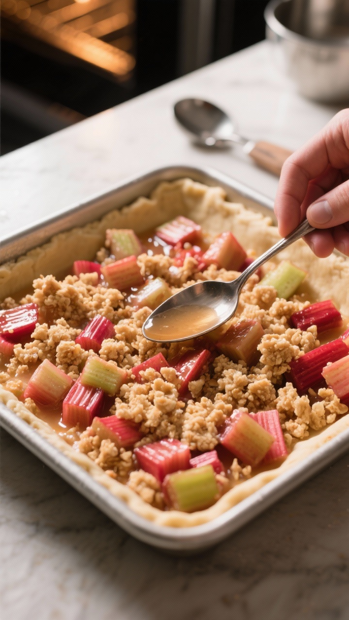 Process image: par-baked crust in an 8x8 pan being topped with the macerated rhubarb mixture (alread