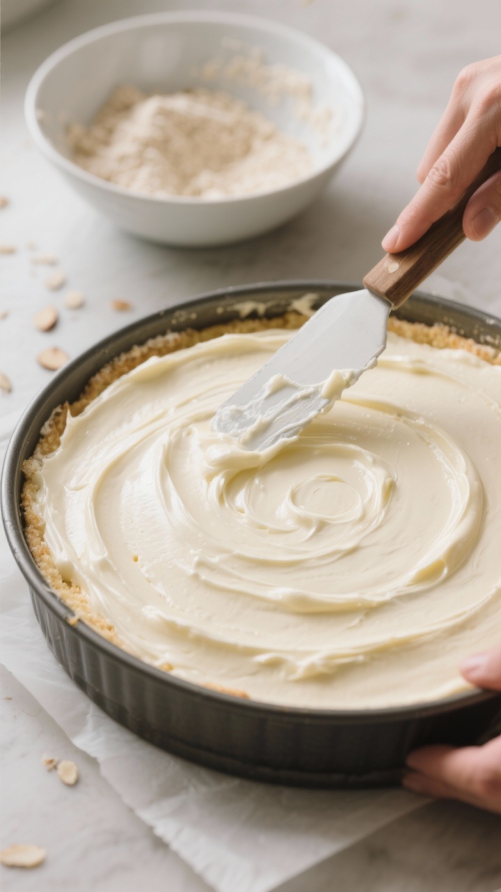 Process-in-action shot: Thick, spreadable batter being smoothed evenly into a parchment-lined 9-inch
