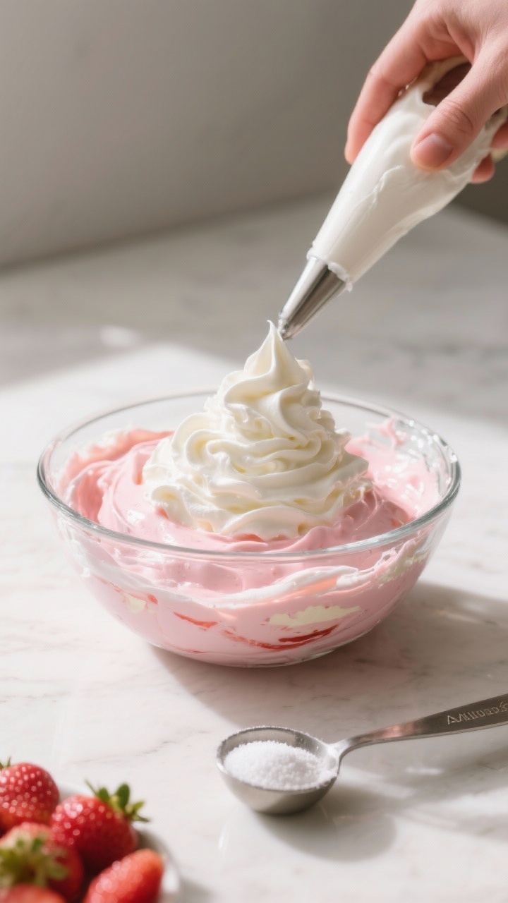 Process moment: Action shot of whipped cream at perfect medium-stiff peaks in a glass bowl beside th