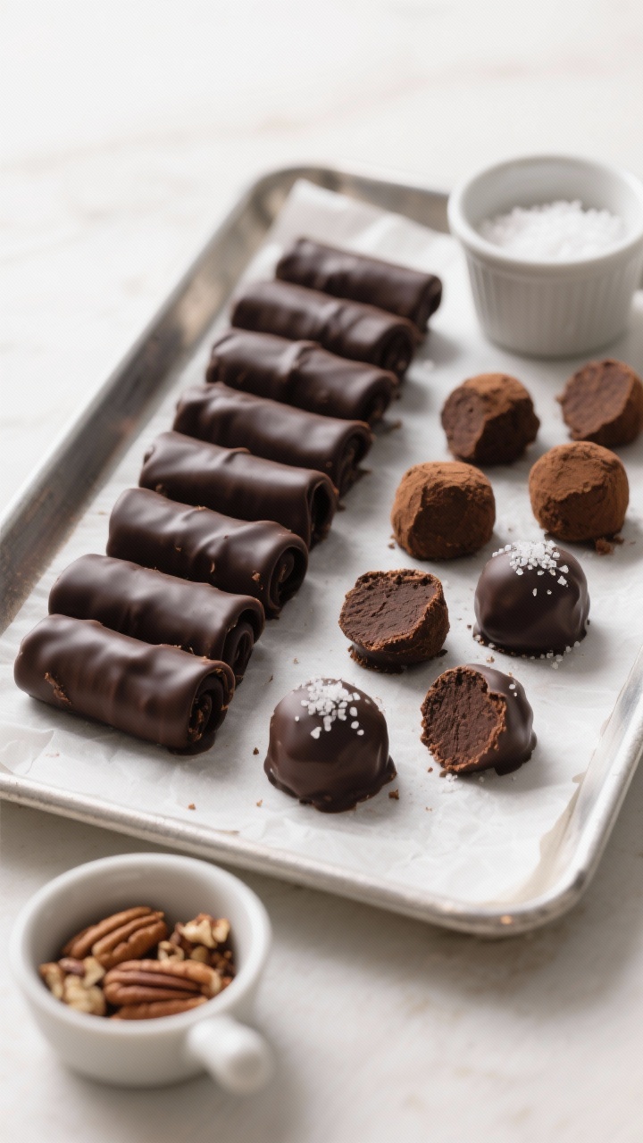 Process-to-serve transition: A parchment-lined tray with neatly rolled, pre-chilled truffle centers