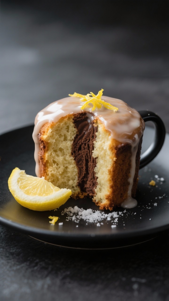 Restaurant-quality final presentation: the mug cake unmolded onto a small matte black plate, cut ope