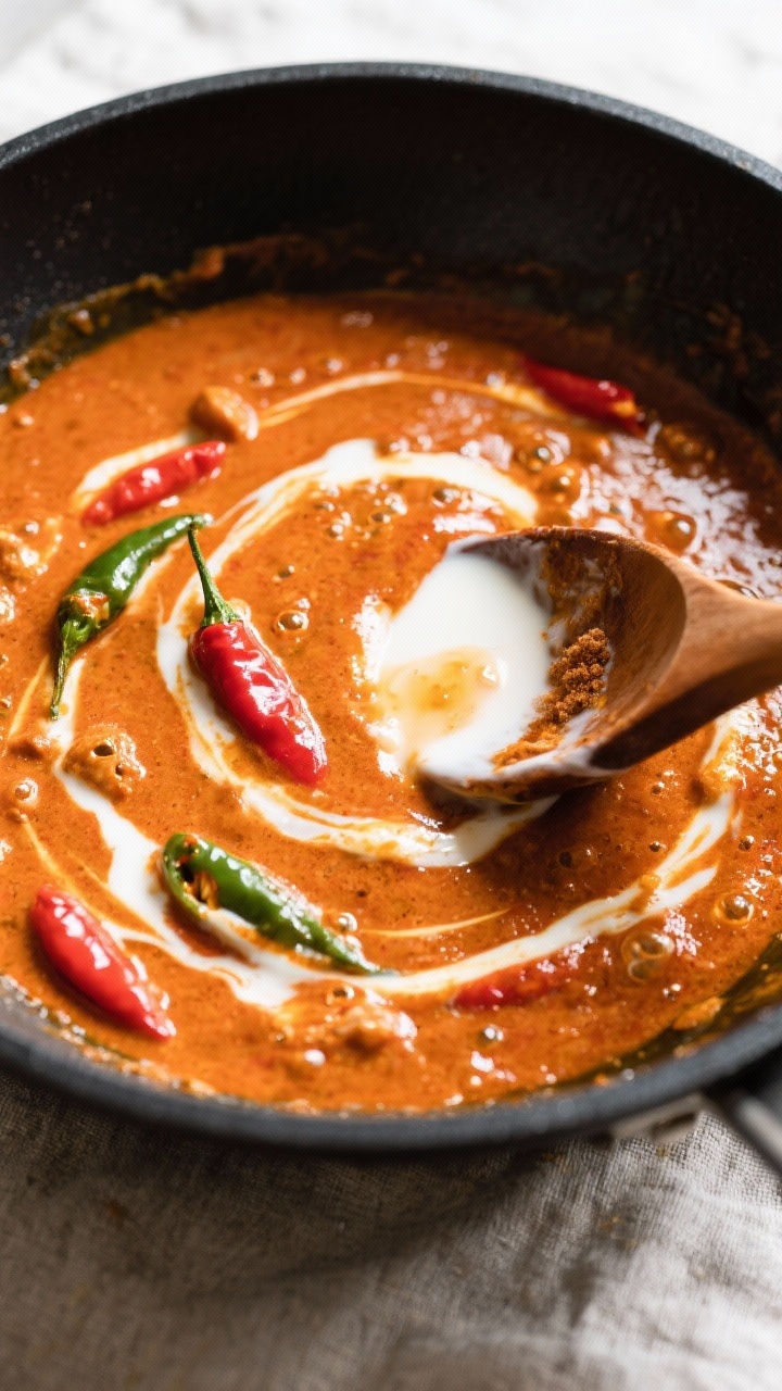 Sauce building moment: Overhead shot of coconut milk just stirred into the curry base, turning the s