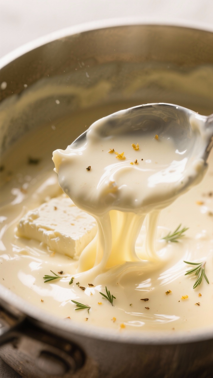 Sauce-making detail – creamy cheese sauce: Macro shot of a velvety keto cream sauce in a saucepan,