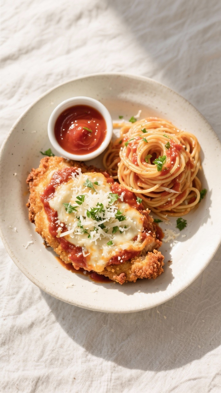 Serving scene, top-down bowl: Overhead shot of a complete plate: Chicken Parmesan served alongside a
